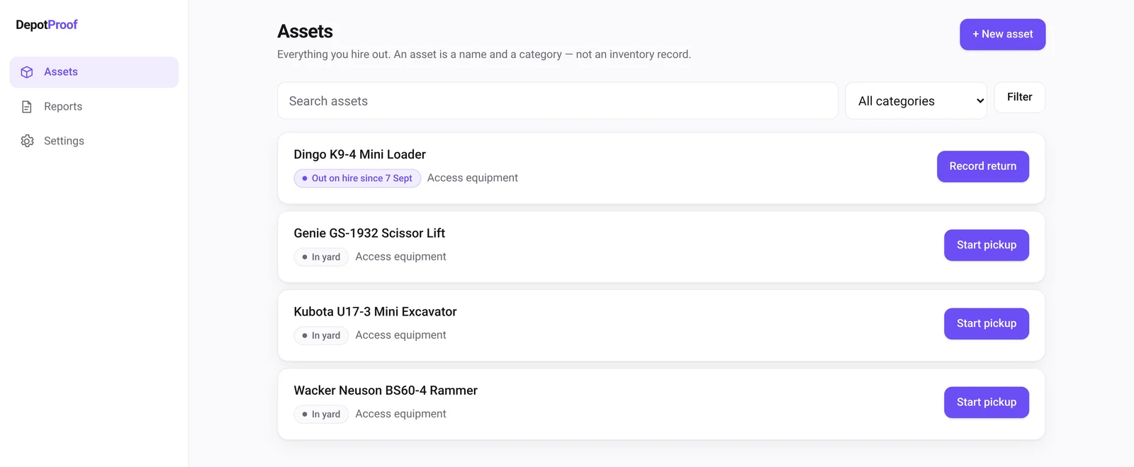 The asset list in DepotProof: four machines, one marked out on hire since 7 September with a Record return action, the rest in the yard with a Start pickup action.