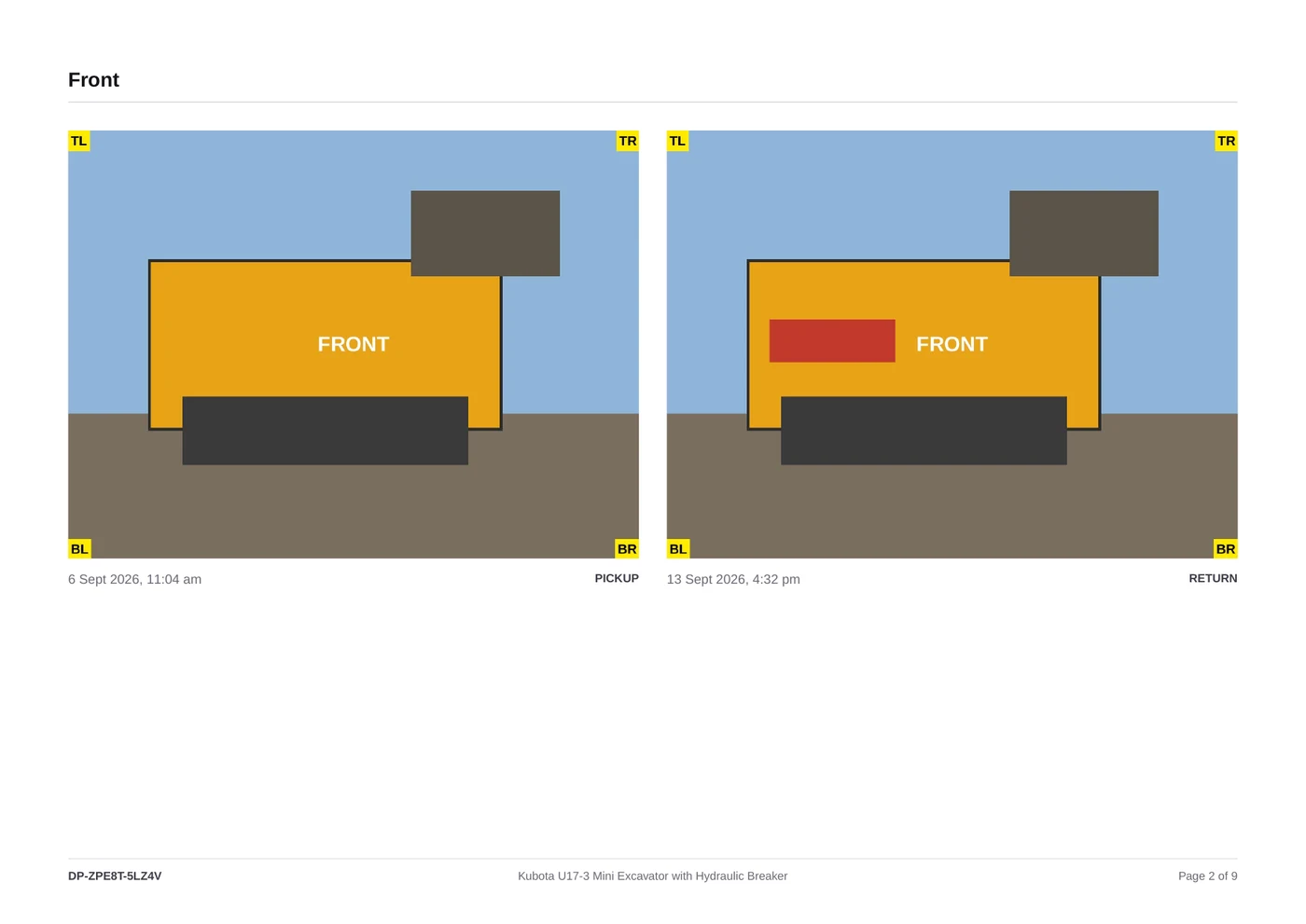 A page from a finished report: the same angle of an excavator photographed at pickup on the left and at return on the right, each stamped with its own date and time.