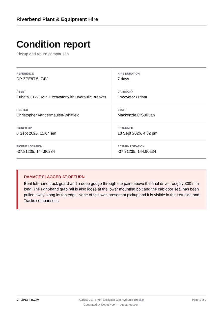 Page one of a generated condition report, showing the reference, hire duration, asset, category, renter, staff member, both timestamps, both locations and the damage noted at return.